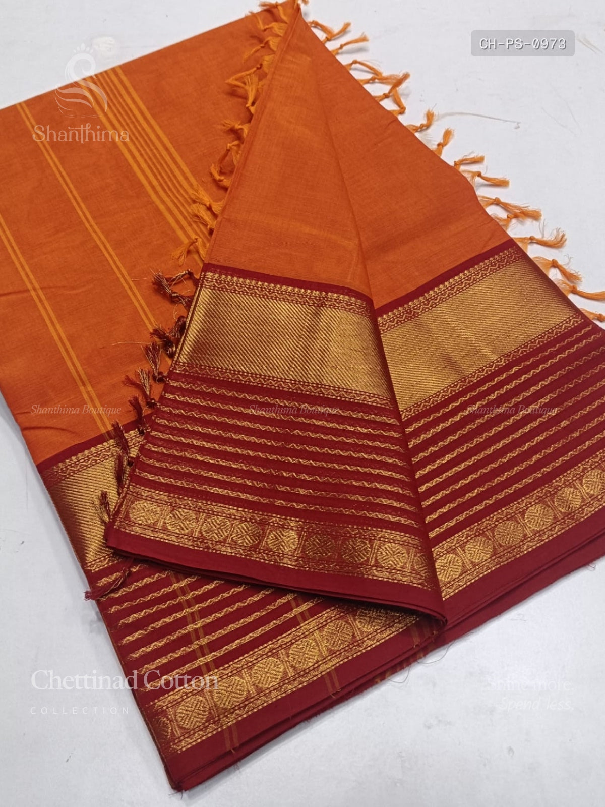 Chettinad Cotton Plain Stripes Orange Kungumam Colour