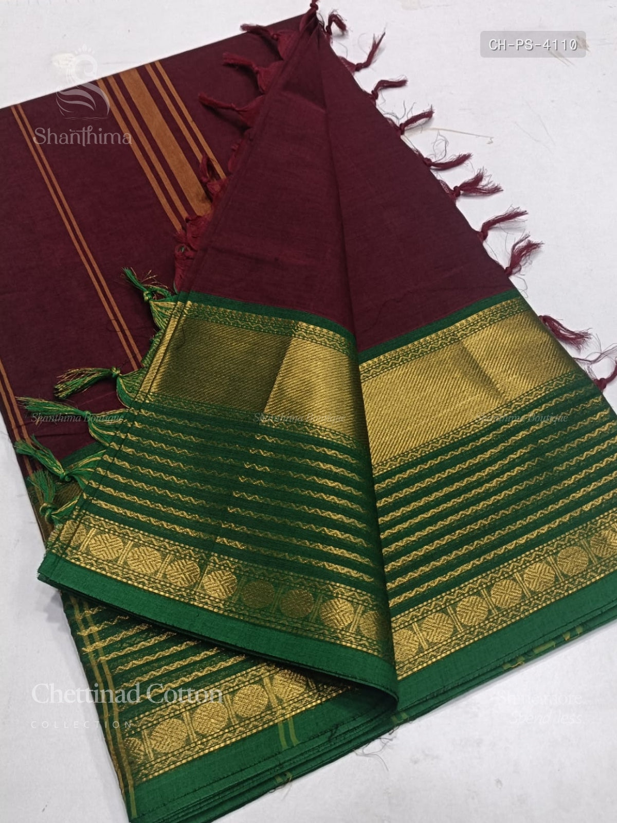 Chettinad Cotton Plain Stripes Maroon Green