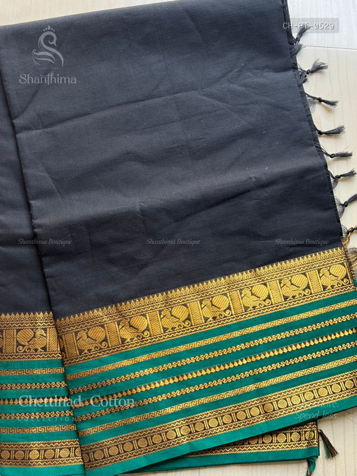 Chettinad Cotton Plain Temple Chakra Peacock Temple Peacock Black Dark Green