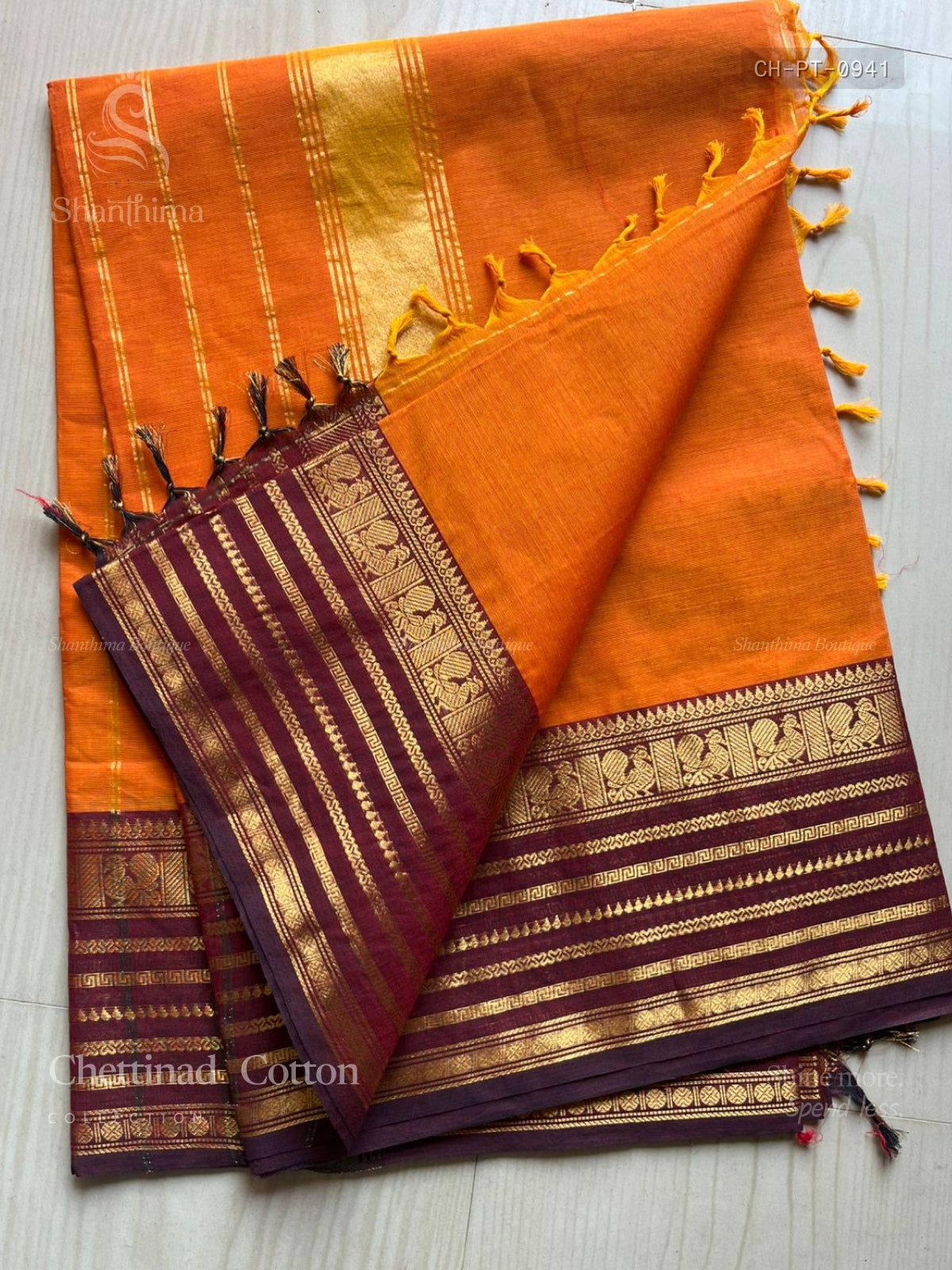 Chettinad Cotton Plain Temple Chakra Peacock Temple Peacock Orange Maroon