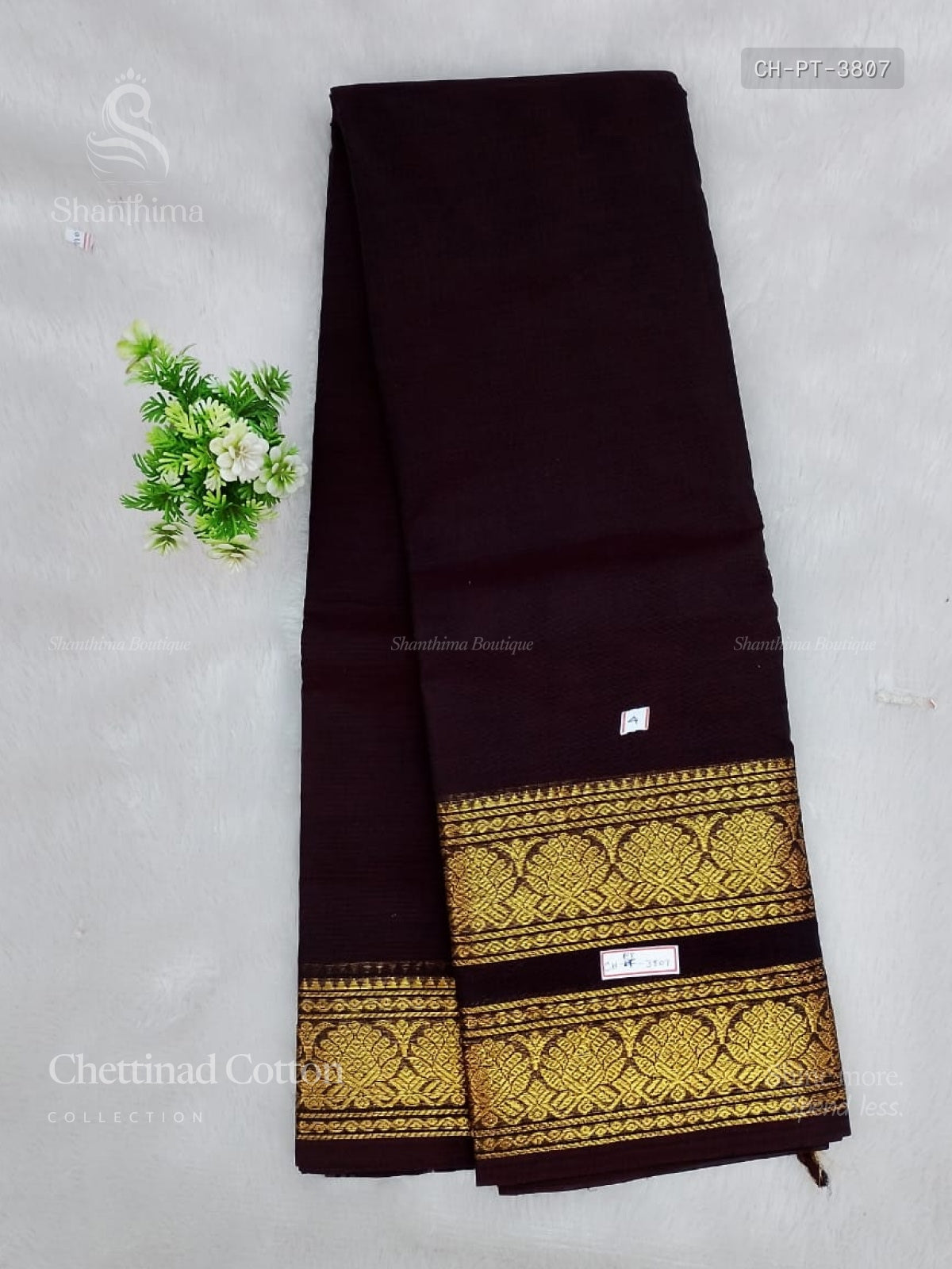 Chettinad Cotton Plain Temple Chakra Peacock Temple Peacock Coffee Brown Gold