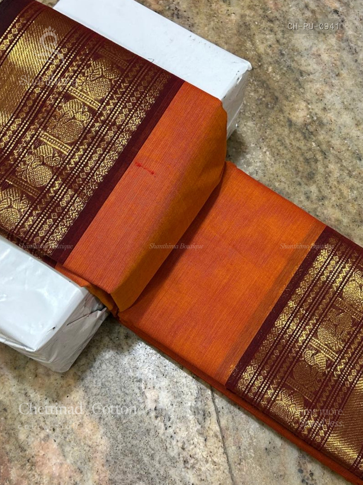Chettinad Cotton Plain Peacock Stripes Orange Maroon