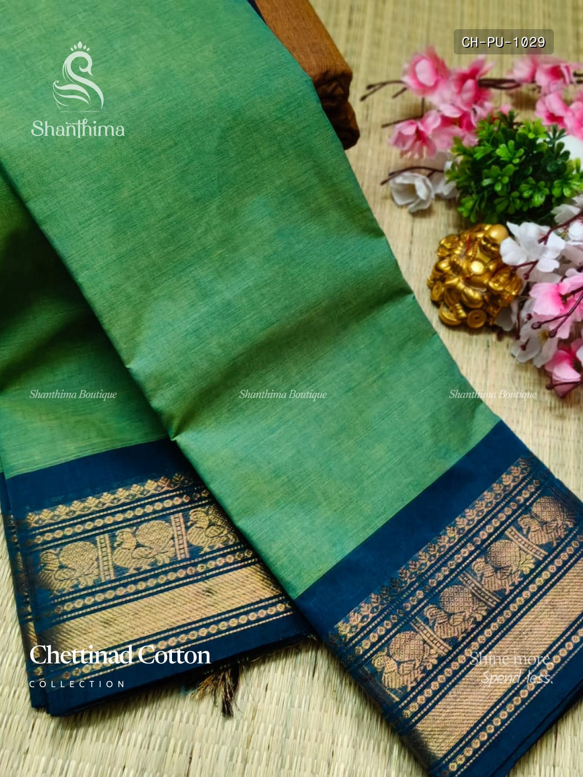 Chettinad Cotton Plain Peacock Stripes Green Dark Green