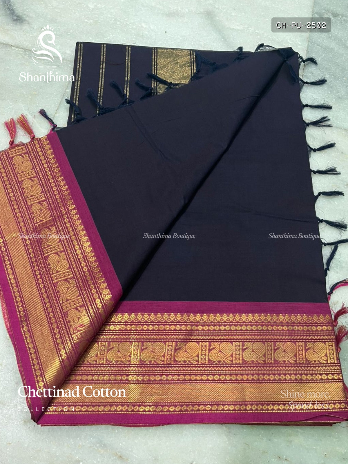 Chettinad Cotton Plain Peacock Stripes Navy Blue Pink