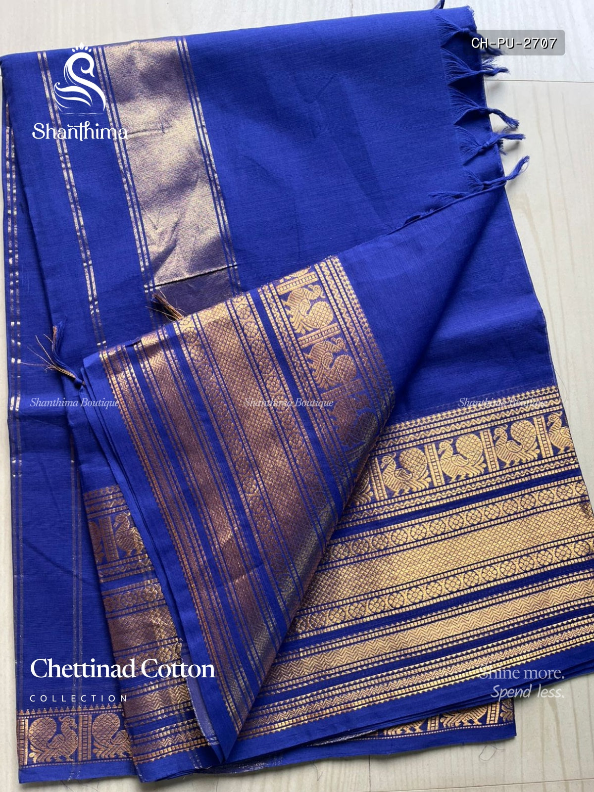 Chettinad Cotton Plain Peacock Stripes Ink Blue Gold