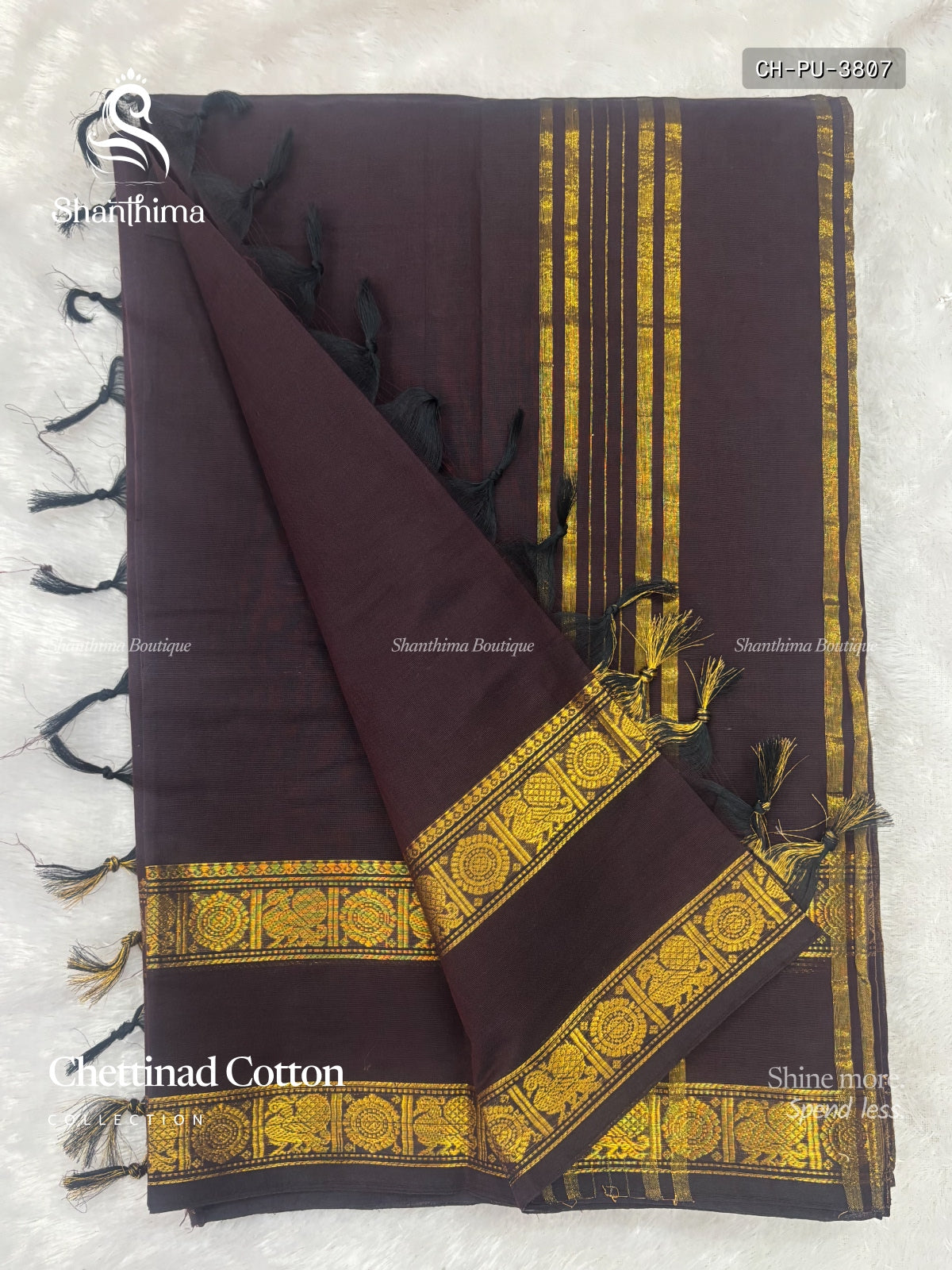 Chettinad Cotton Plain Peacock Stripes Coffee Brown Gold