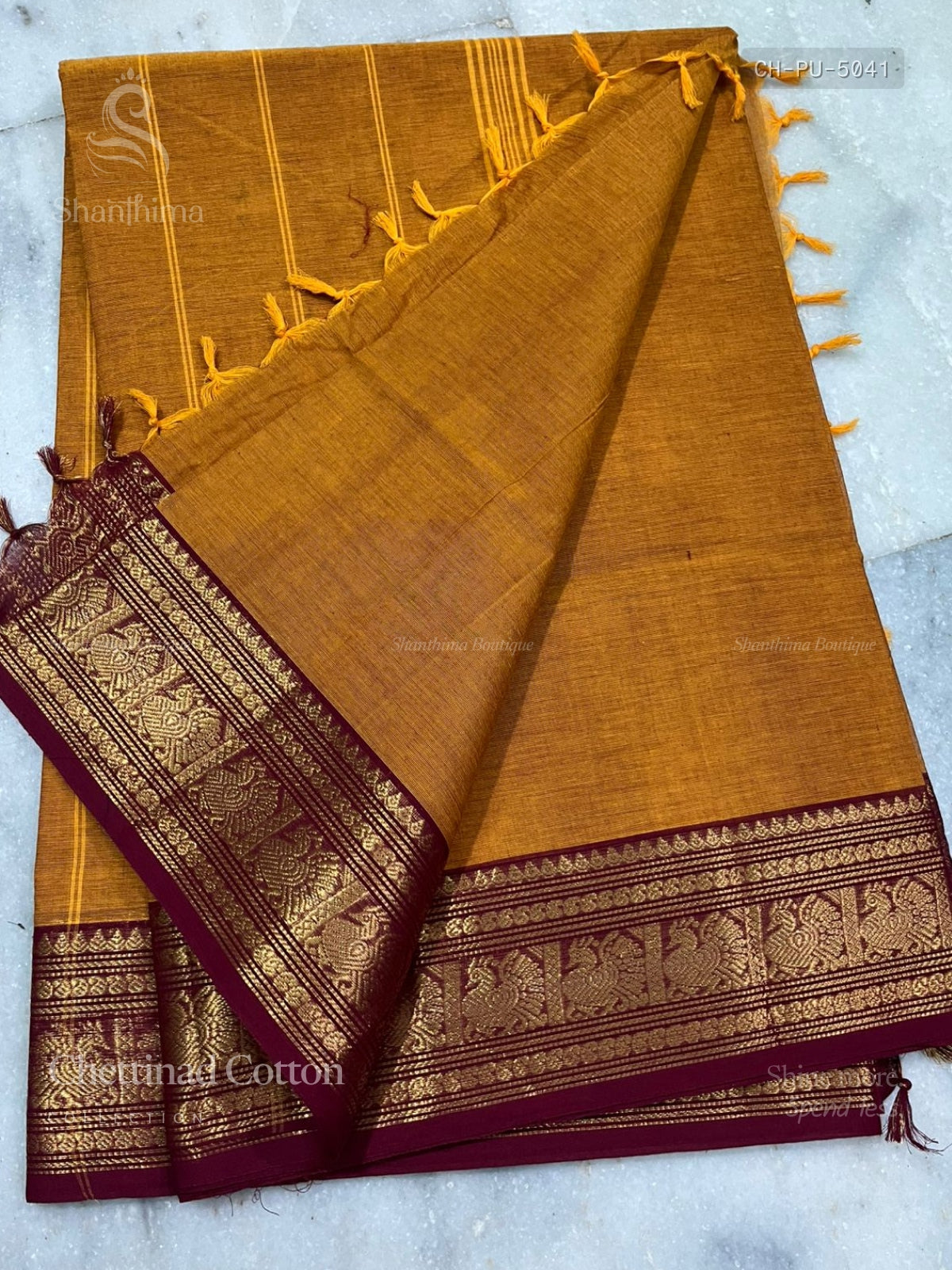 Chettinad Cotton Plain Peacock Stripes Dual Orange Maroon