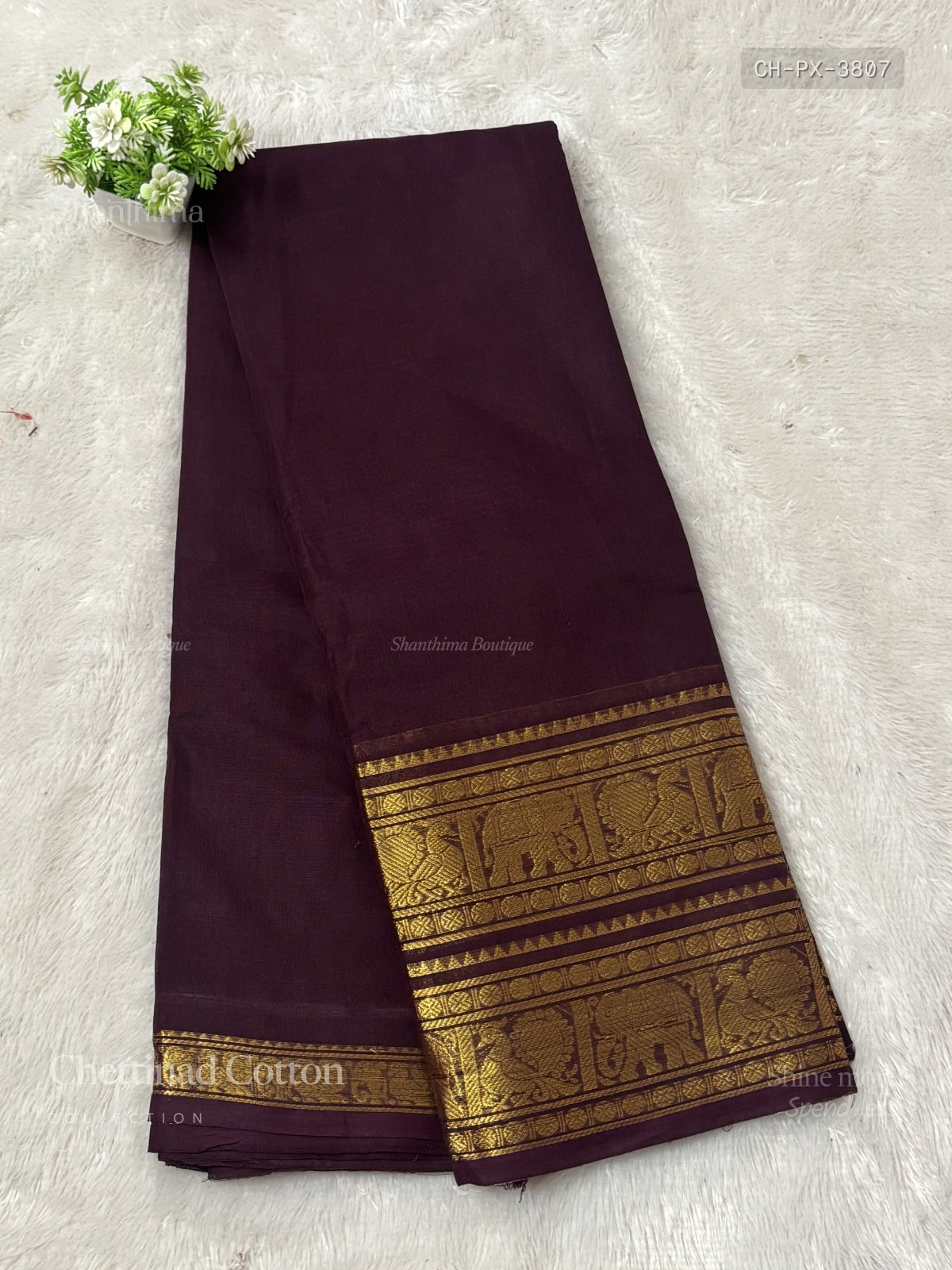 Chettinad Cotton Plain Peacock Elephant Chakra Coffee Brown Gold