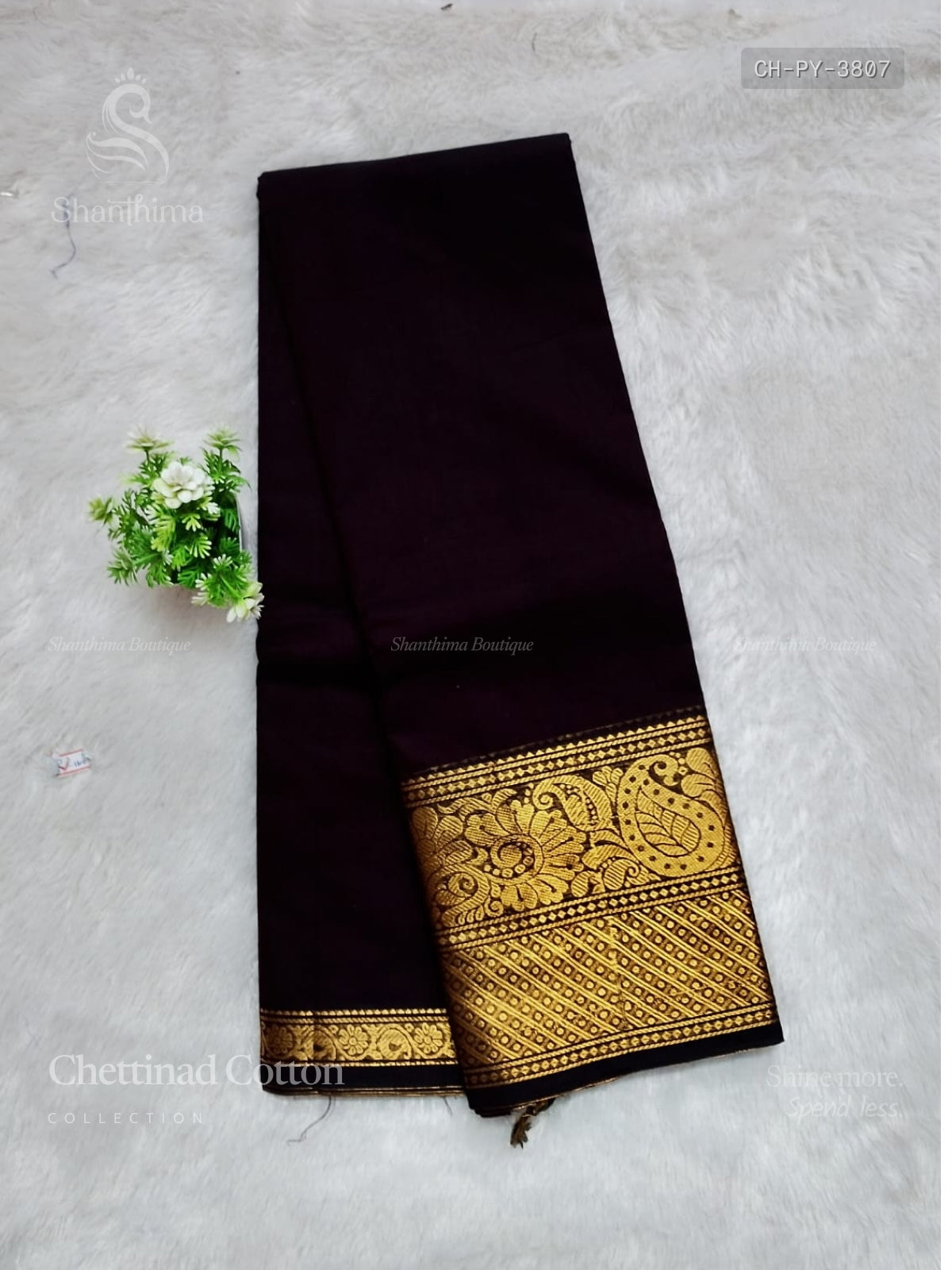Chettinad Cotton Plain Mango Flower Motif Coffee Brown Gold