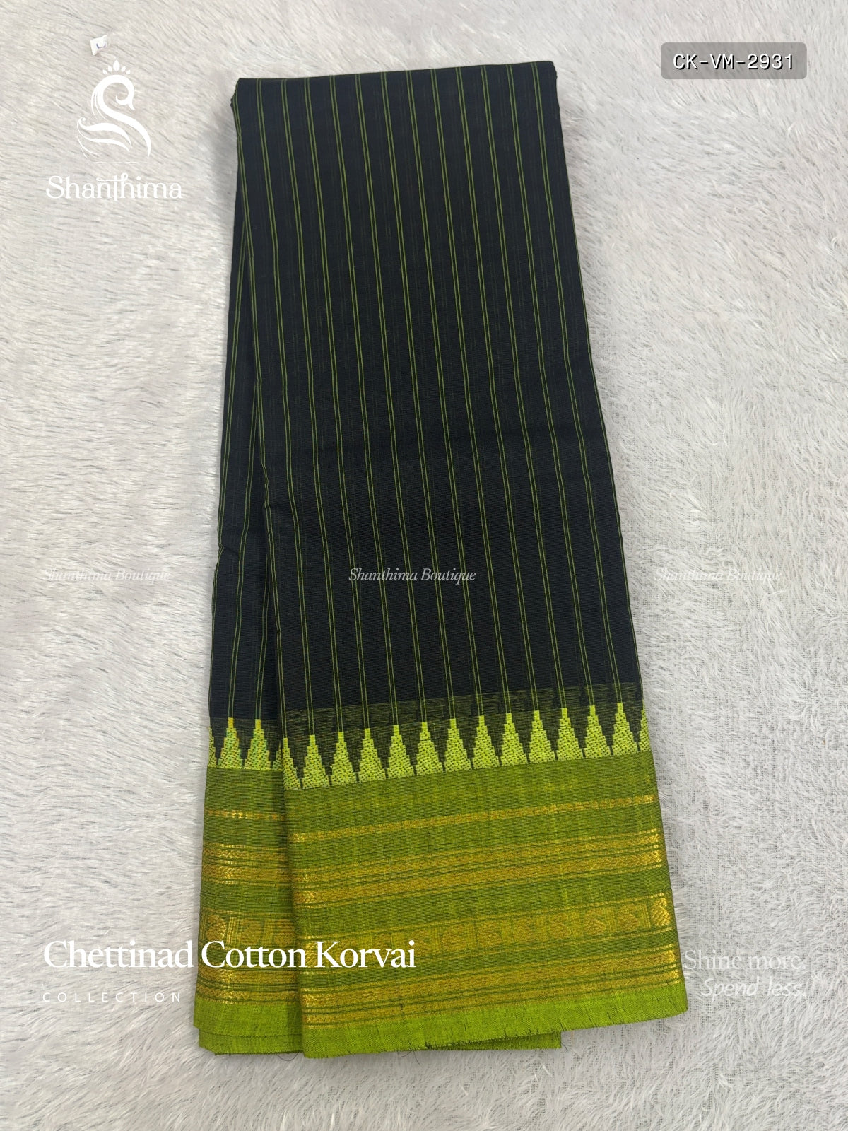 Chettinad Cotton Korvai Vertical Stripes Mango Dark Green Light Green
