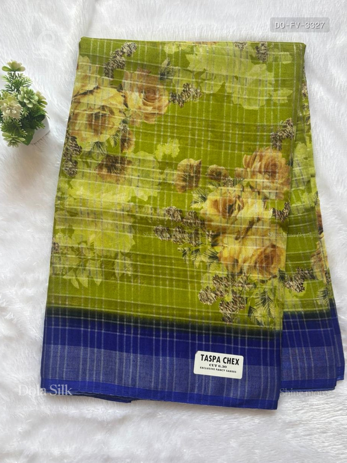 Dola Silk Flowers Plain Border Elachi Green Ink Blue