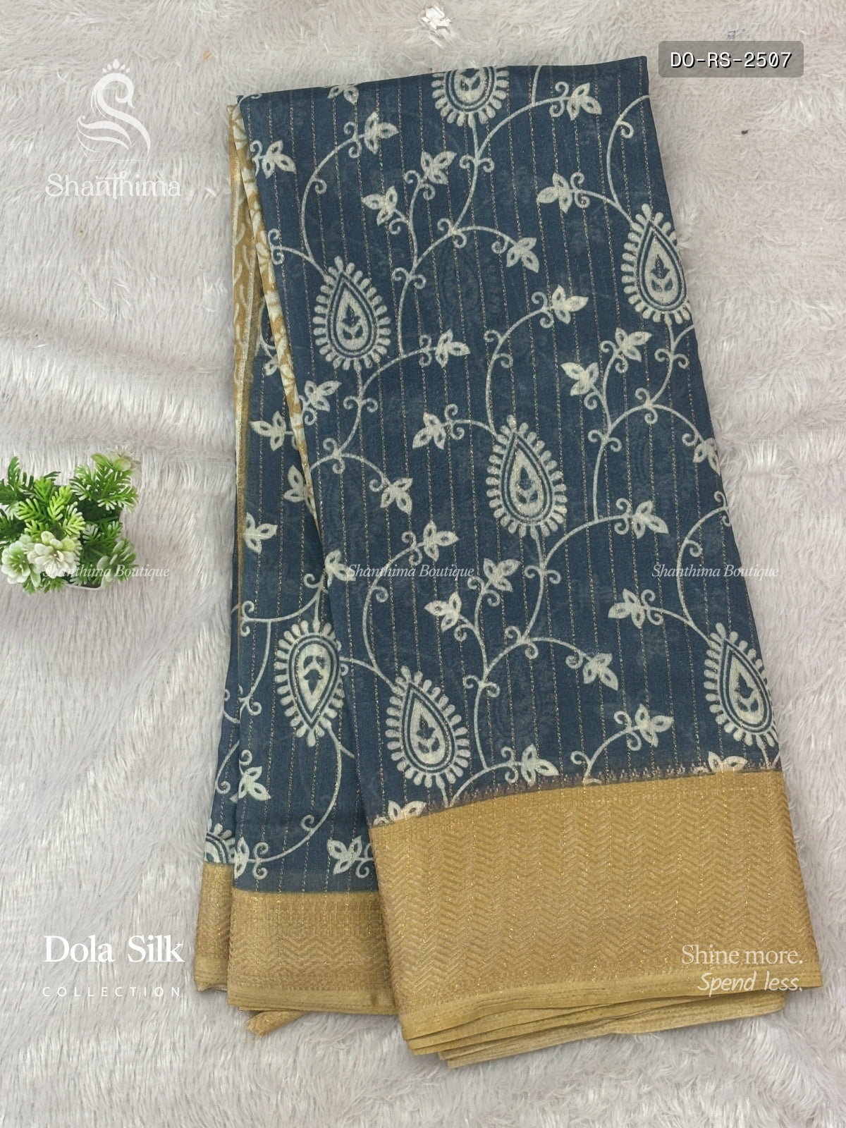 Dola Silk Rangoli Stripes Navy Blue Gold