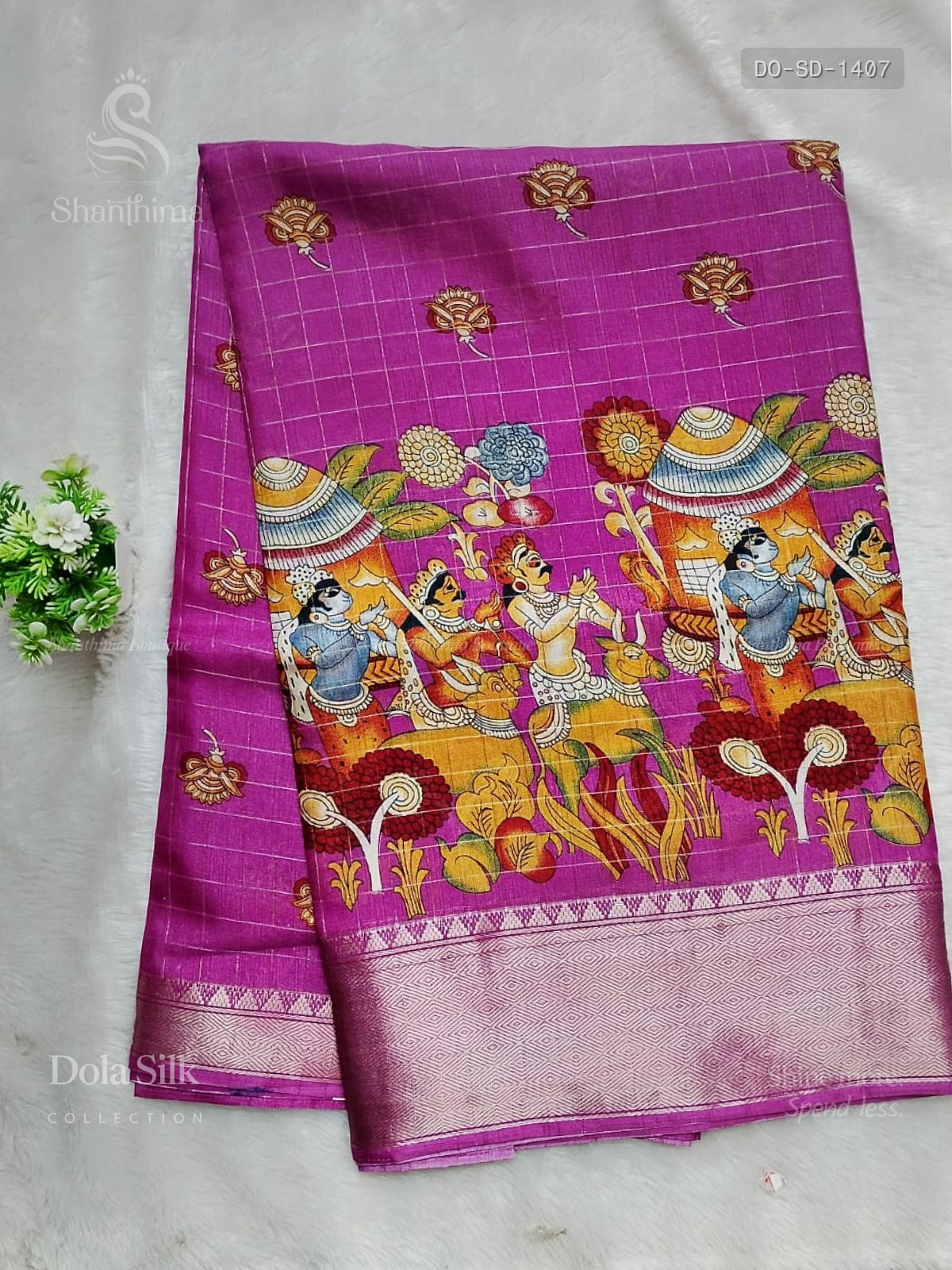 Dola Silk Kalam kari Diamond Stone Onion Pink Gold