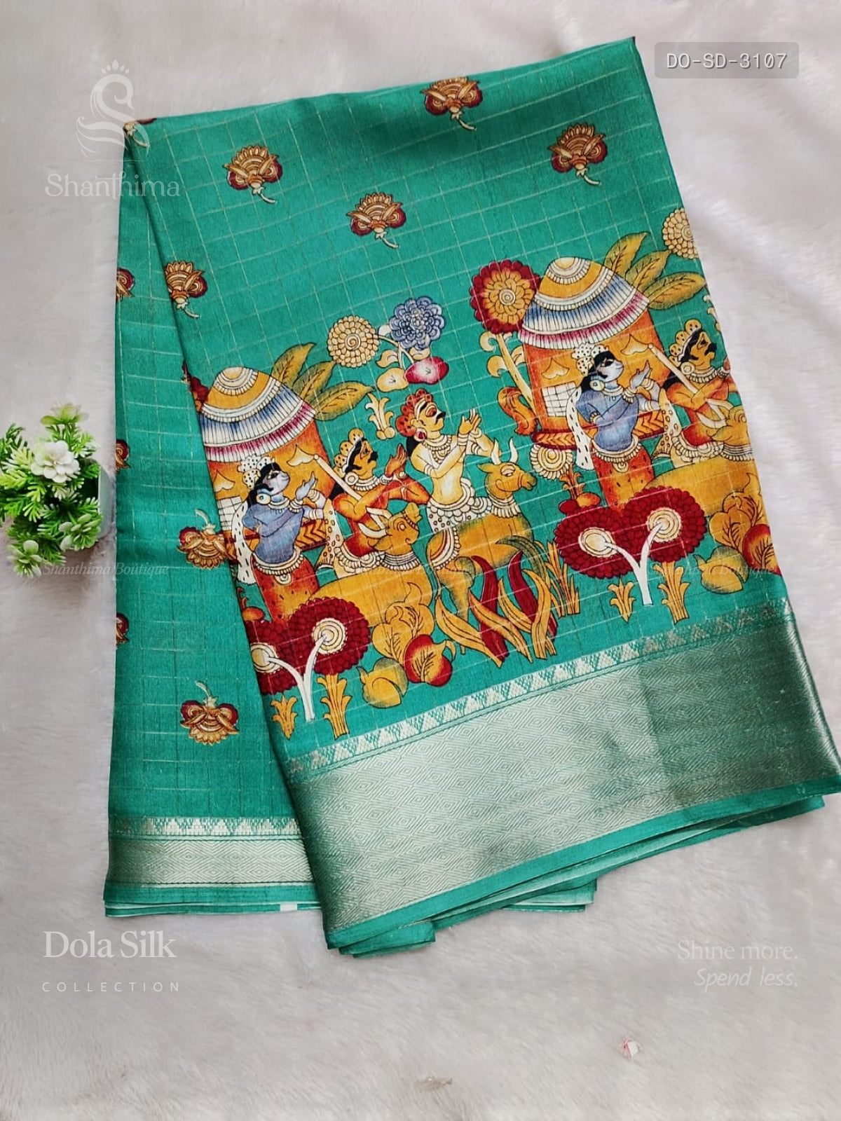 Dola Silk Kalam kari Diamond Stone Light Green Gold