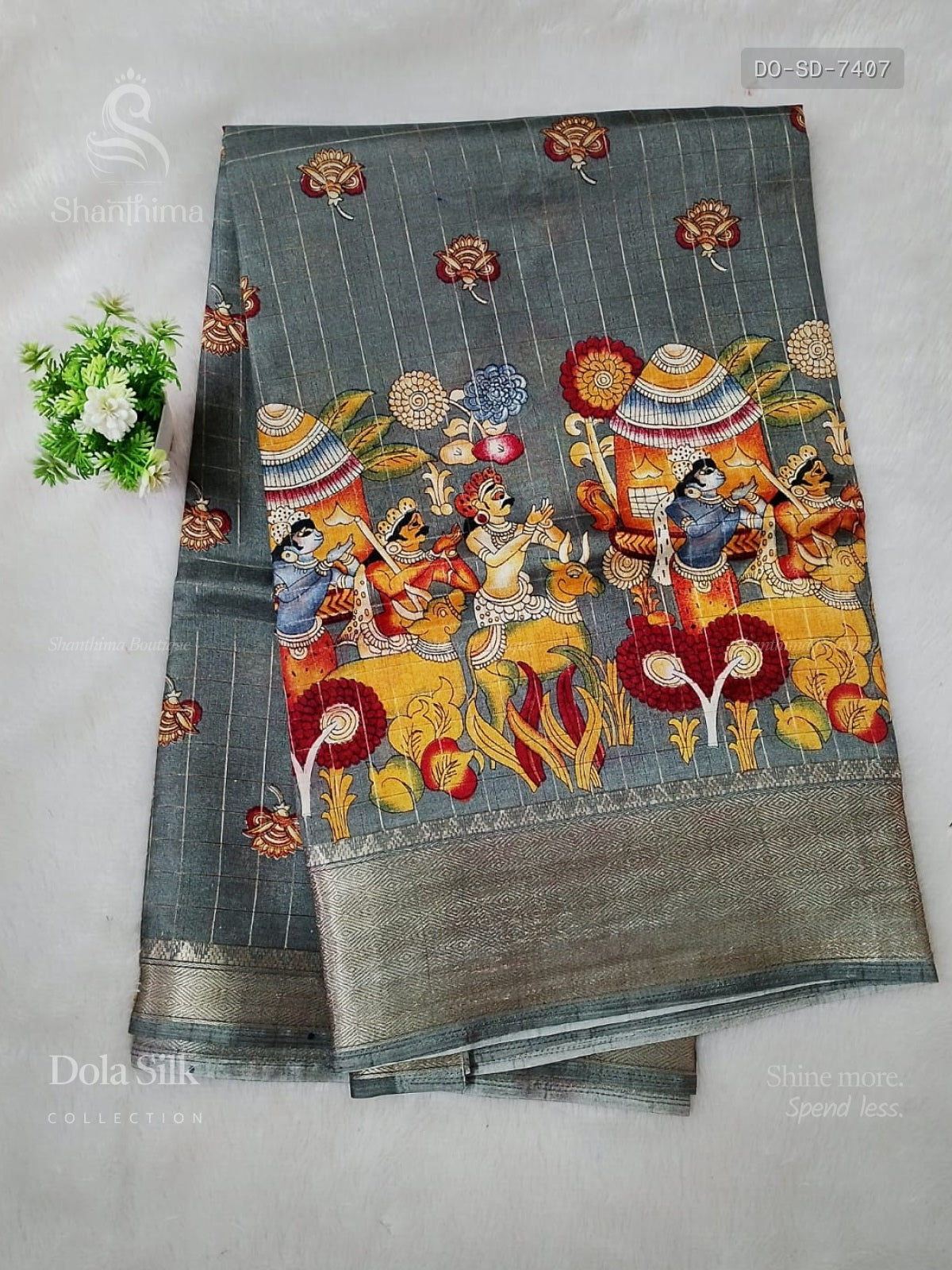 Dola Silk Kalam kari Diamond Stone Gray Gold