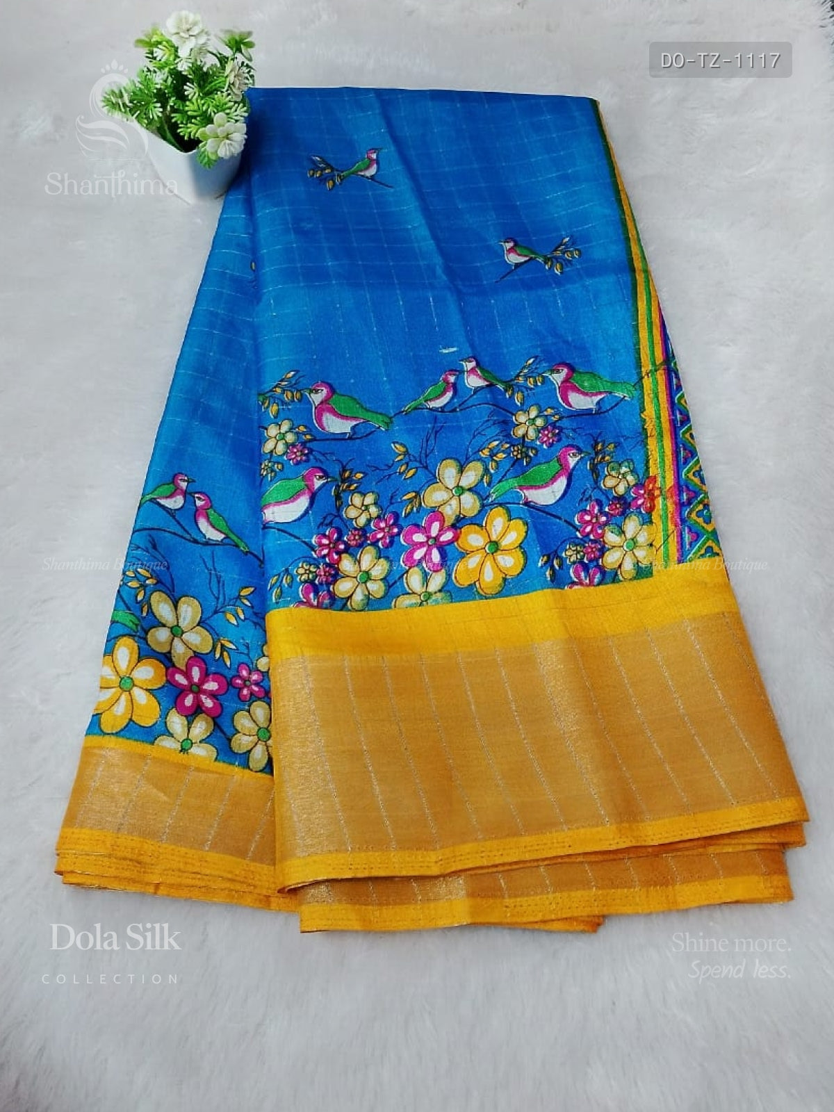 Dola Silk Print Design Checks Blue Mango