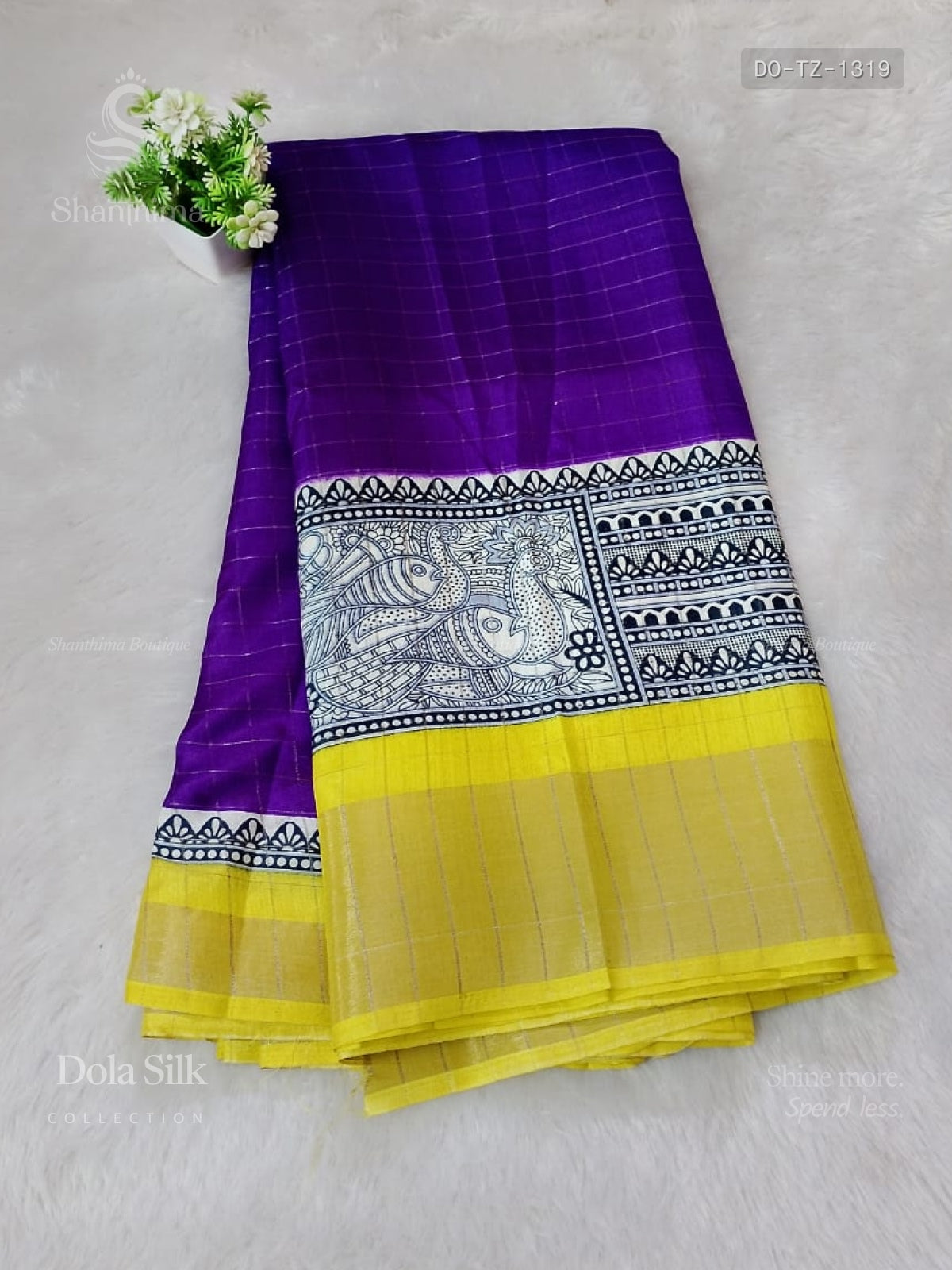 Dola Silk Print Design Checks Violet Lemon