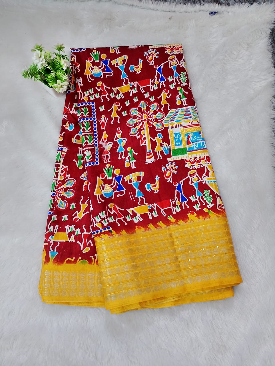 Dola Silk Print Design Checks Maroon Yellow