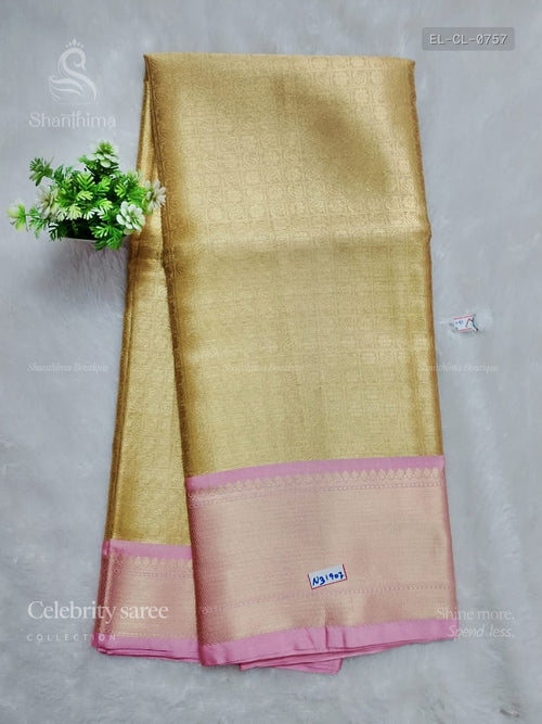 Celebrity Saree Checks Mango Flower Gold Baby Pink