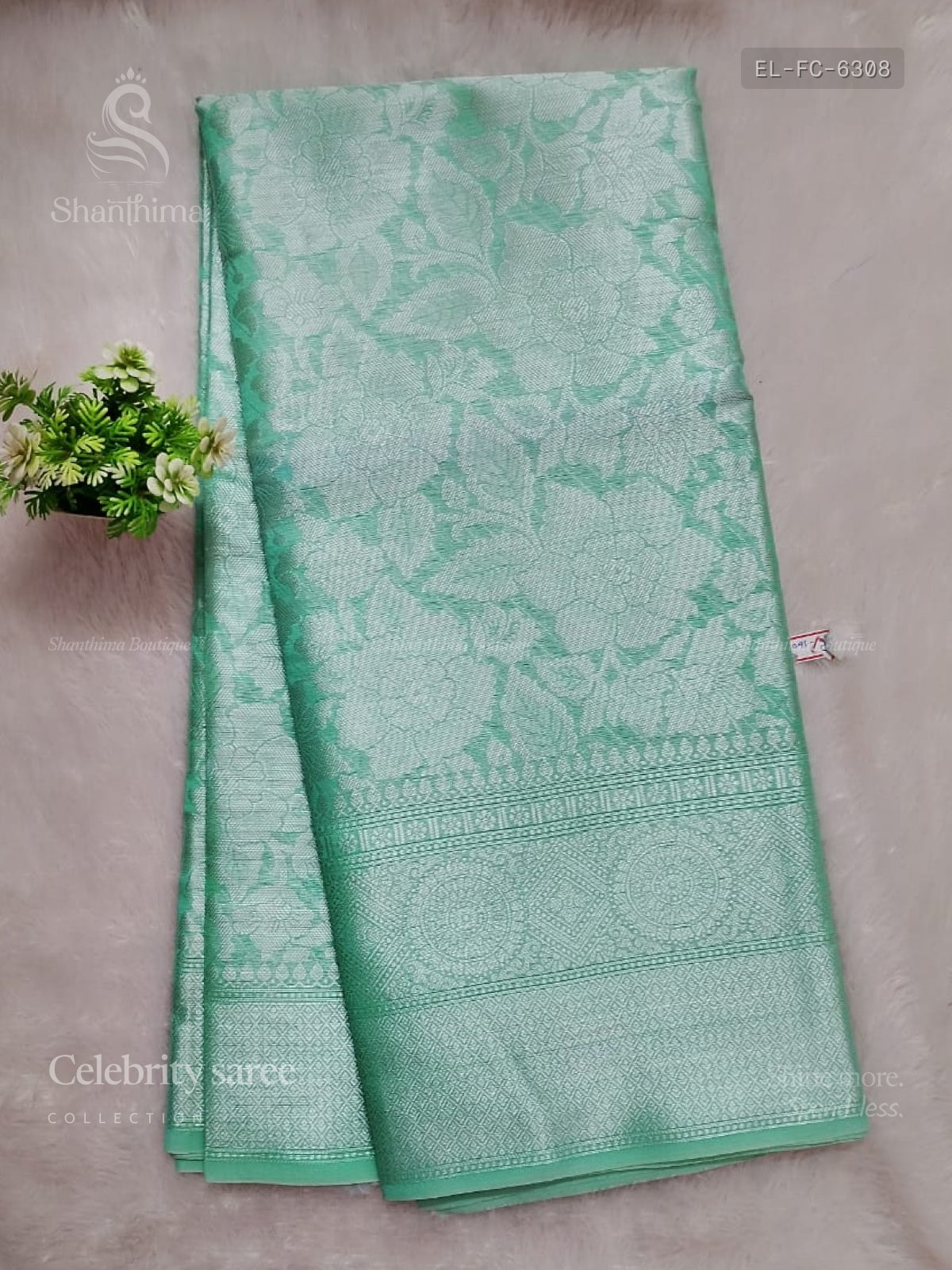 Celebrity Saree Flowers Chakra Sea Green Silver