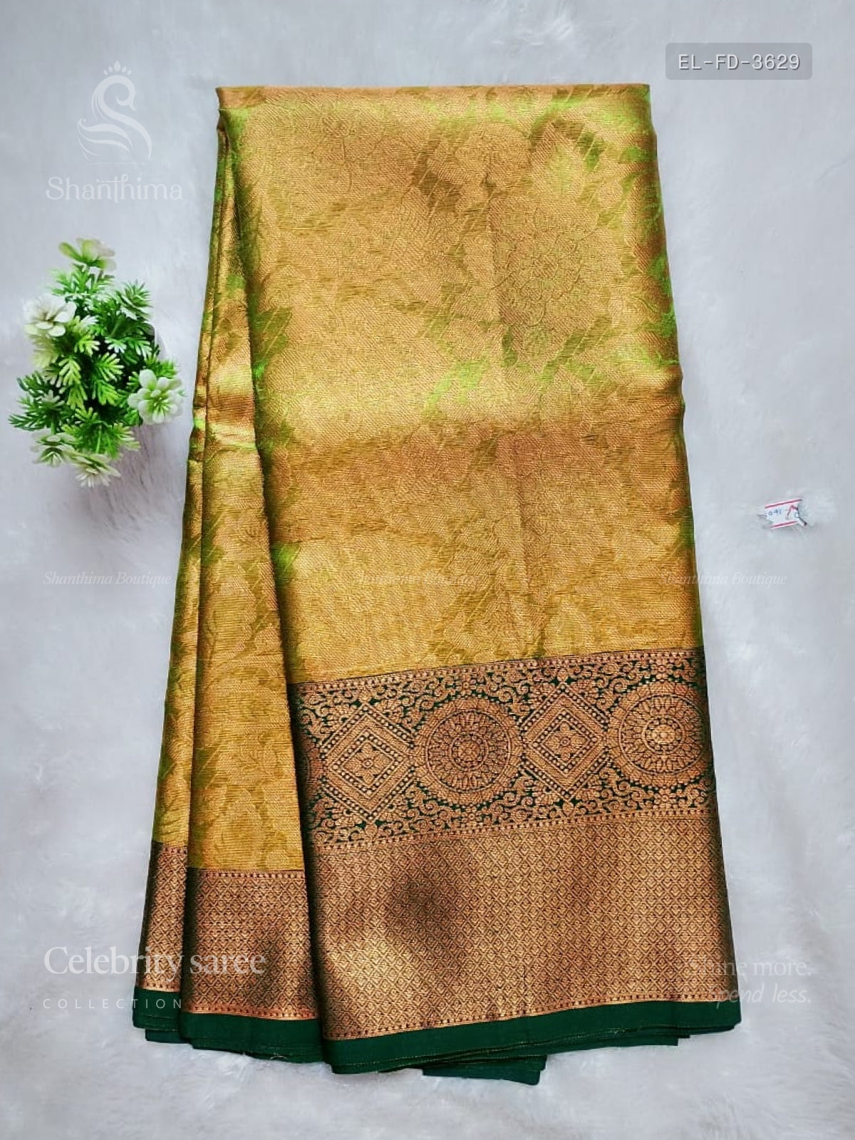 Celebrity Saree Flowers Diamond Stone Dual Shade Green Dark Green