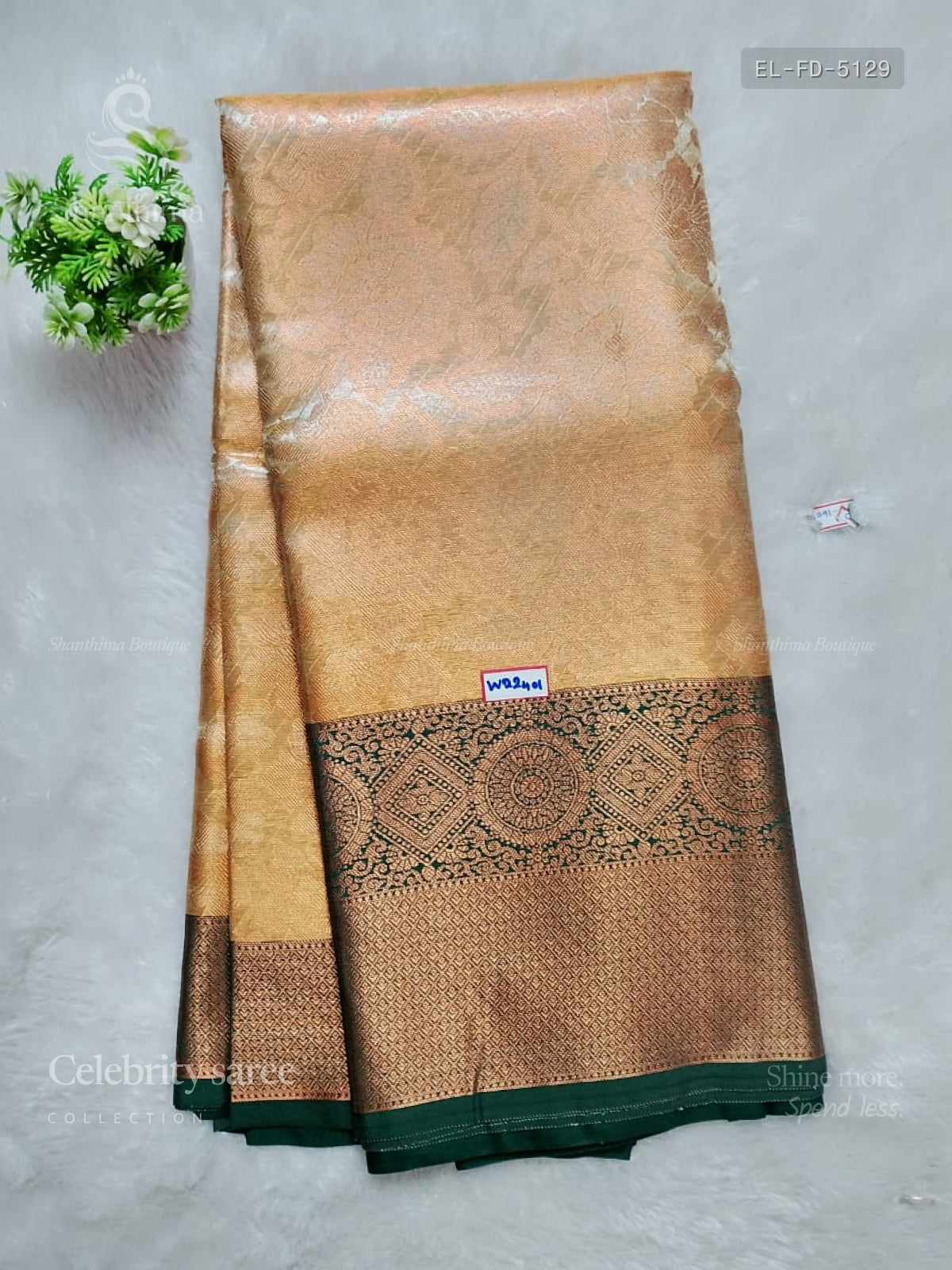 Celebrity Saree Flowers Diamond Stone Dual Shade Yellow Dark Green