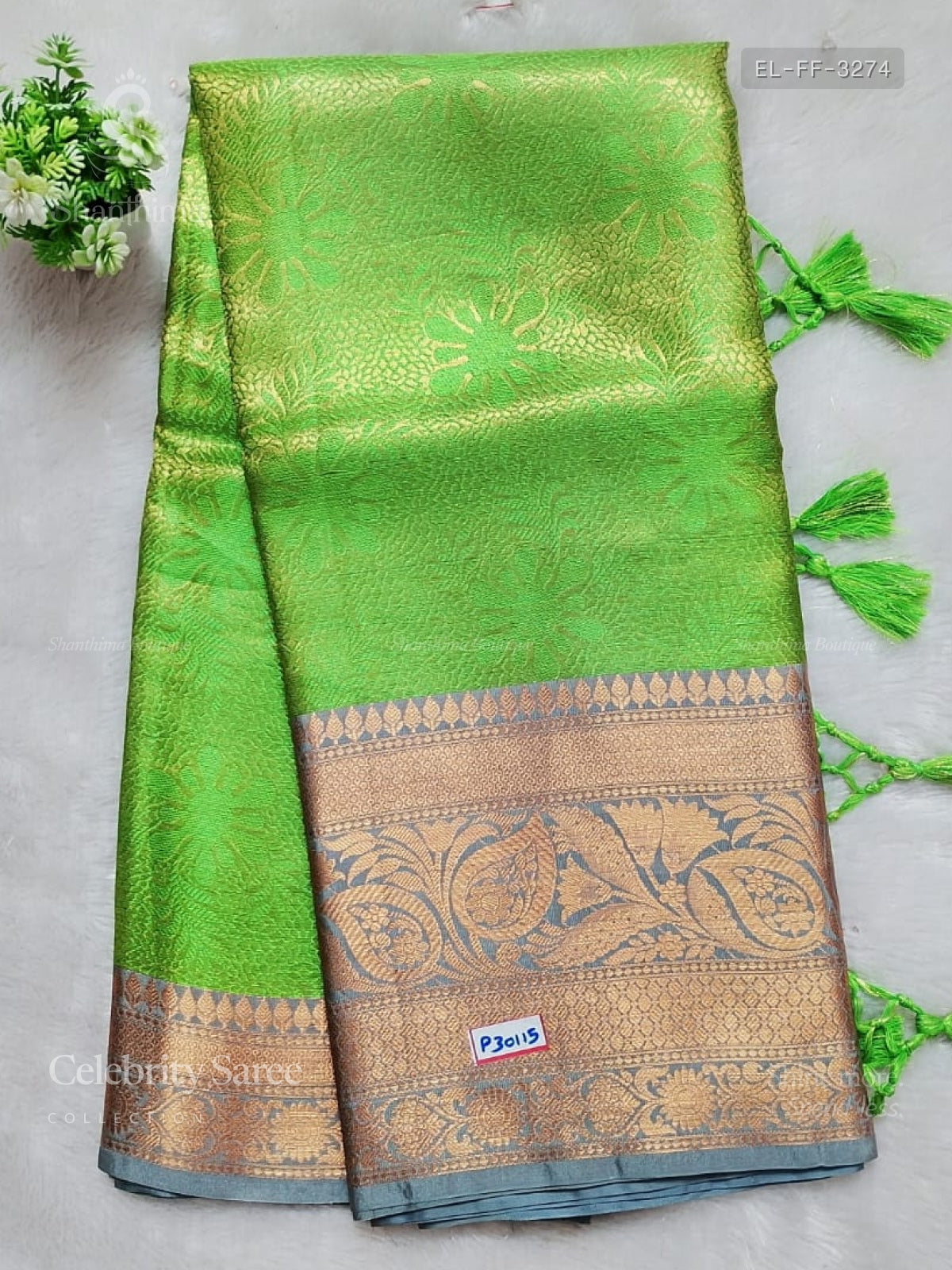 Celebrity Saree Flowers Flower Parrot Green Gray