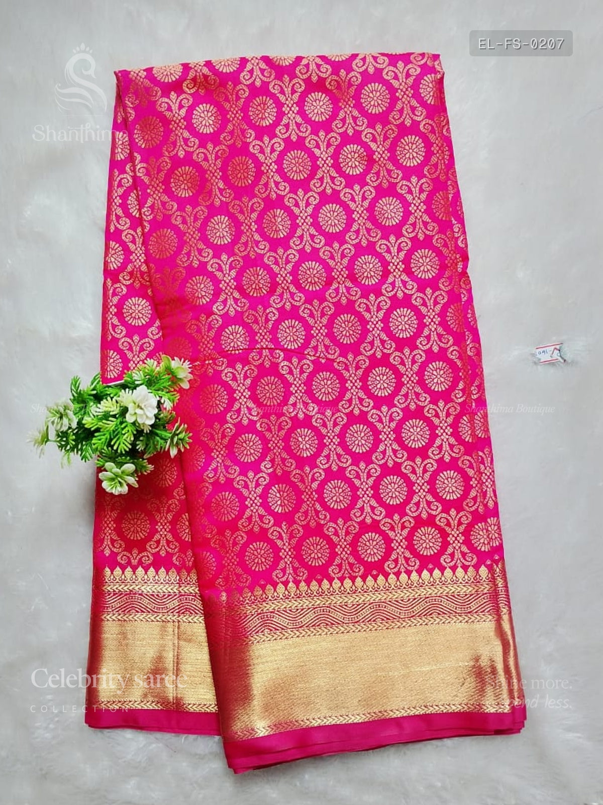 Celebrity Saree Flowers Stripes Pink Gold