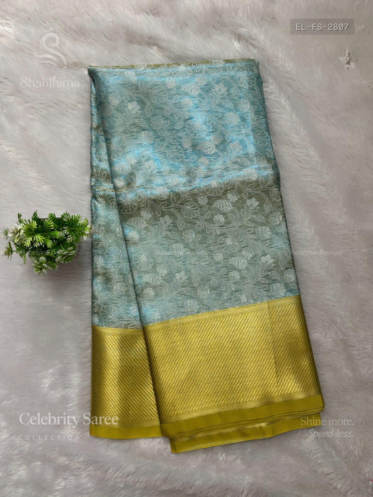 Celebrity Saree Flowers Stripes Dual Shade Blue Gold