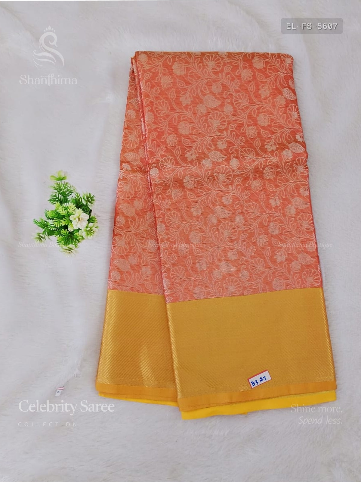 Celebrity Saree Flowers Stripes Peach Gold