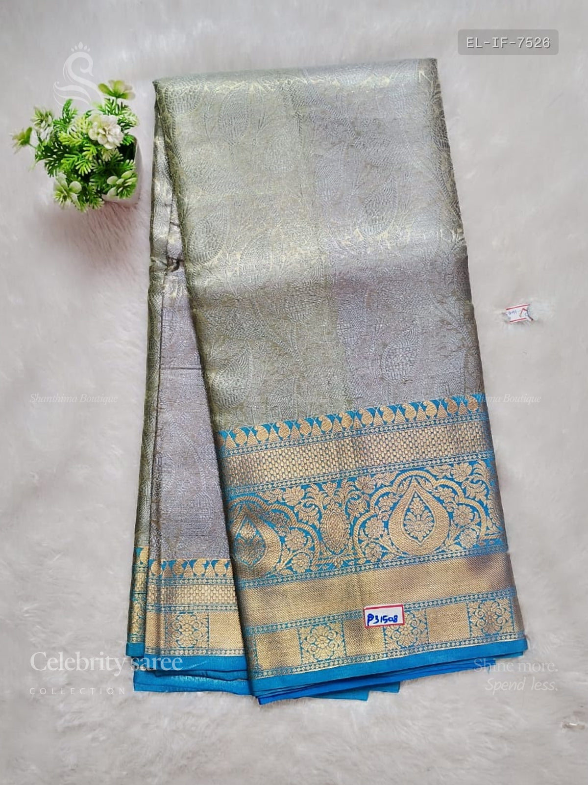 Celebrity Saree Leaf Flower Dual Shade gray Rama Blue