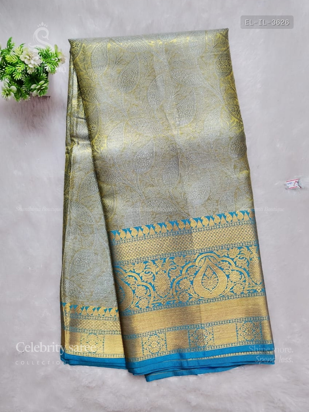 Celebrity Saree Leaf Mango Flower Dual Shade Green Rama Blue