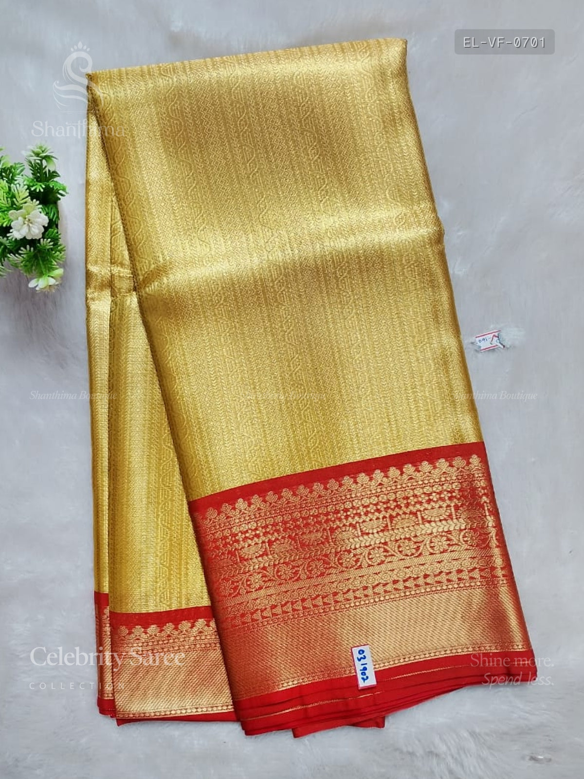 Celebrity Saree Vertical Stripes Flower Gold Red