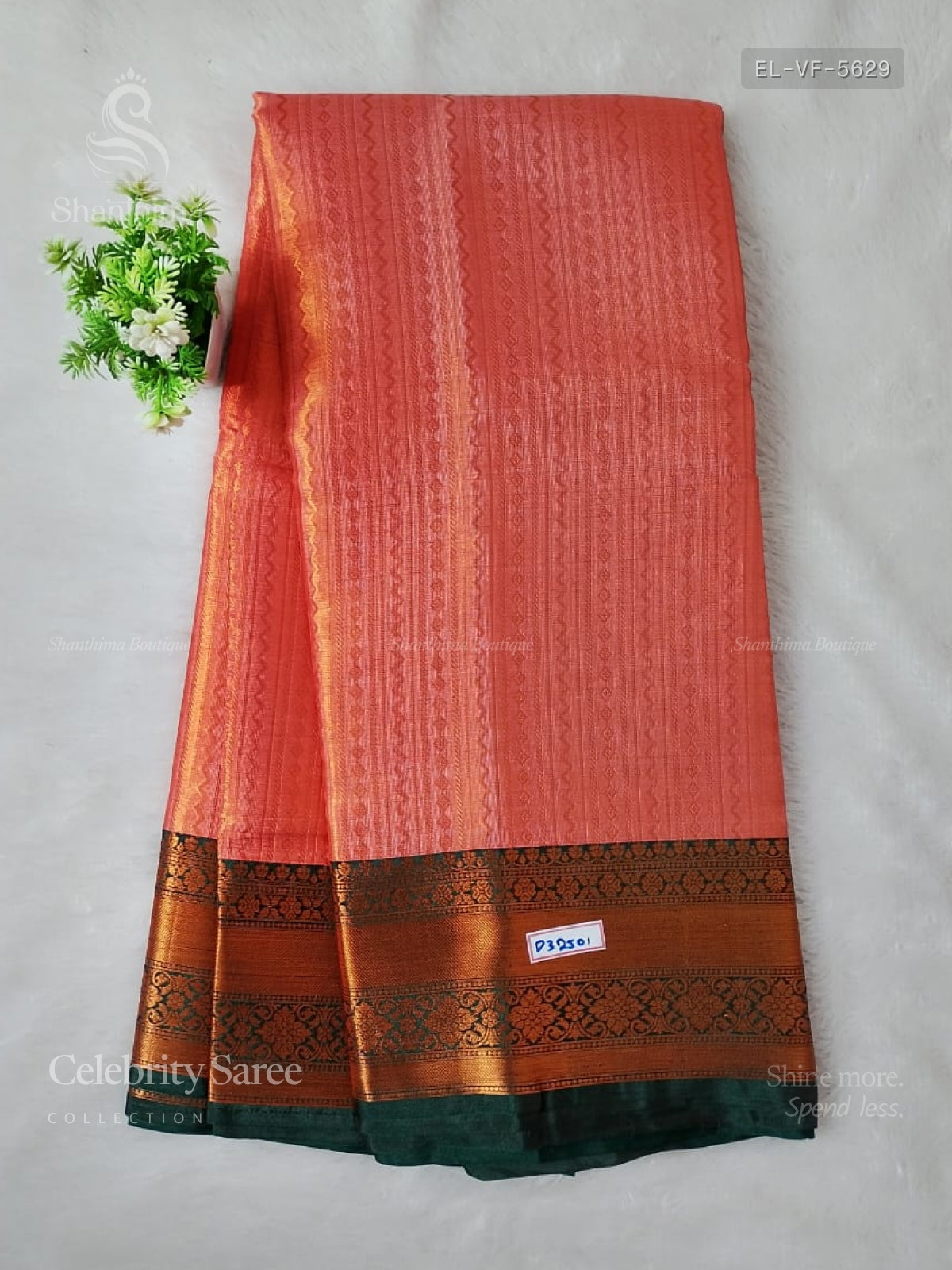 Celebrity Saree Vertical Stripes Flower Peach Dark Green
