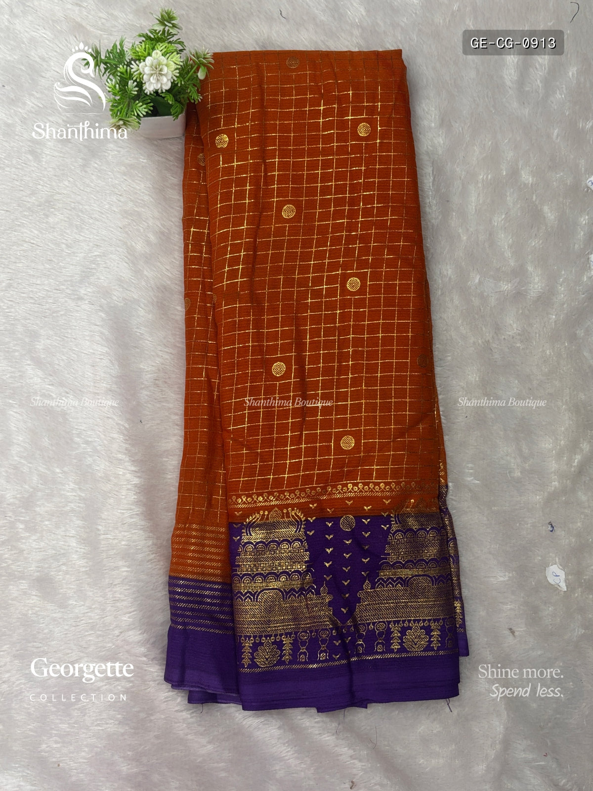 Georgette Checks Gold Border Gopuram Orange  Violet