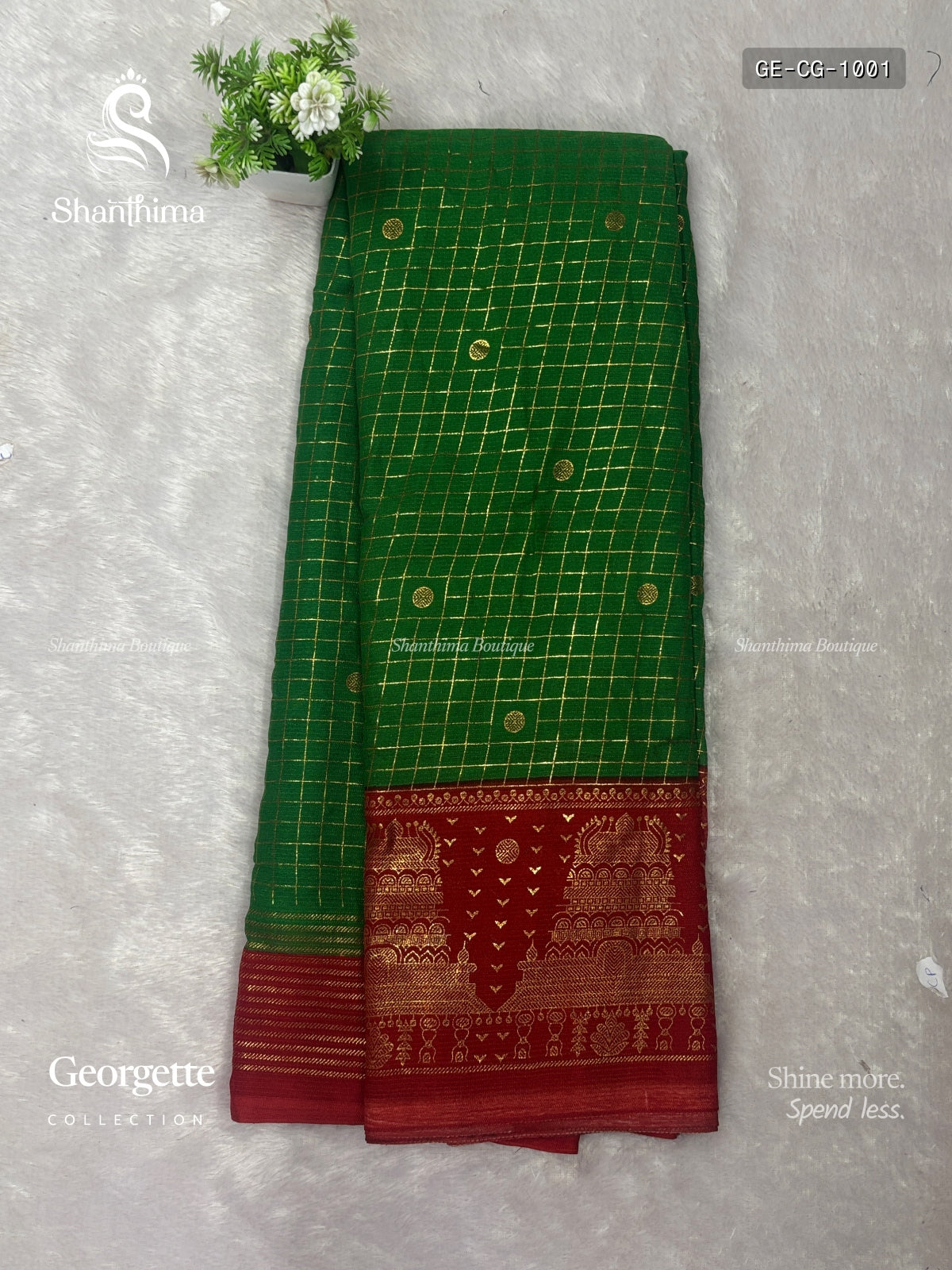 Georgette Checks Gold Border Gopuram Green Red