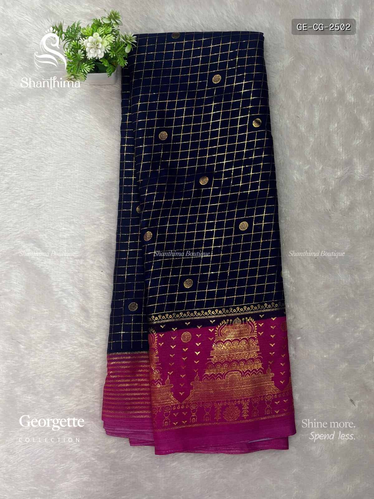 Georgette Checks Gold Border Gopuram Navy Blue Pink