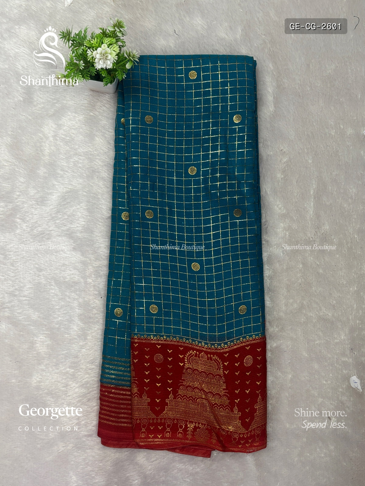 Georgette Checks Gold Border Gopuram Rama Blue Red