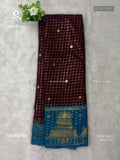 Georgette Checks Gold Border Gopuram Wine Rama Blue