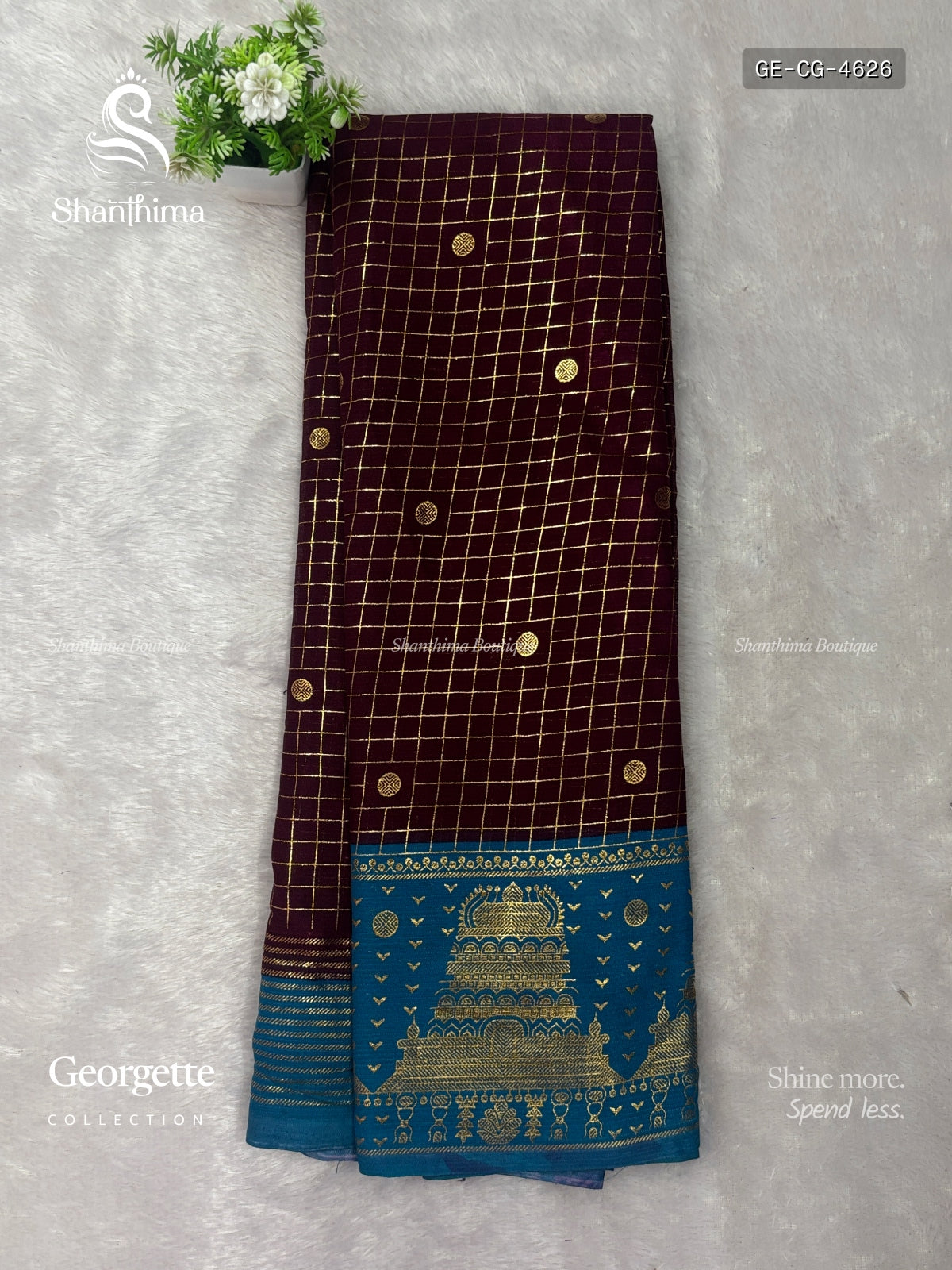 Georgette Checks Gold Border Gopuram Wine Rama Blue