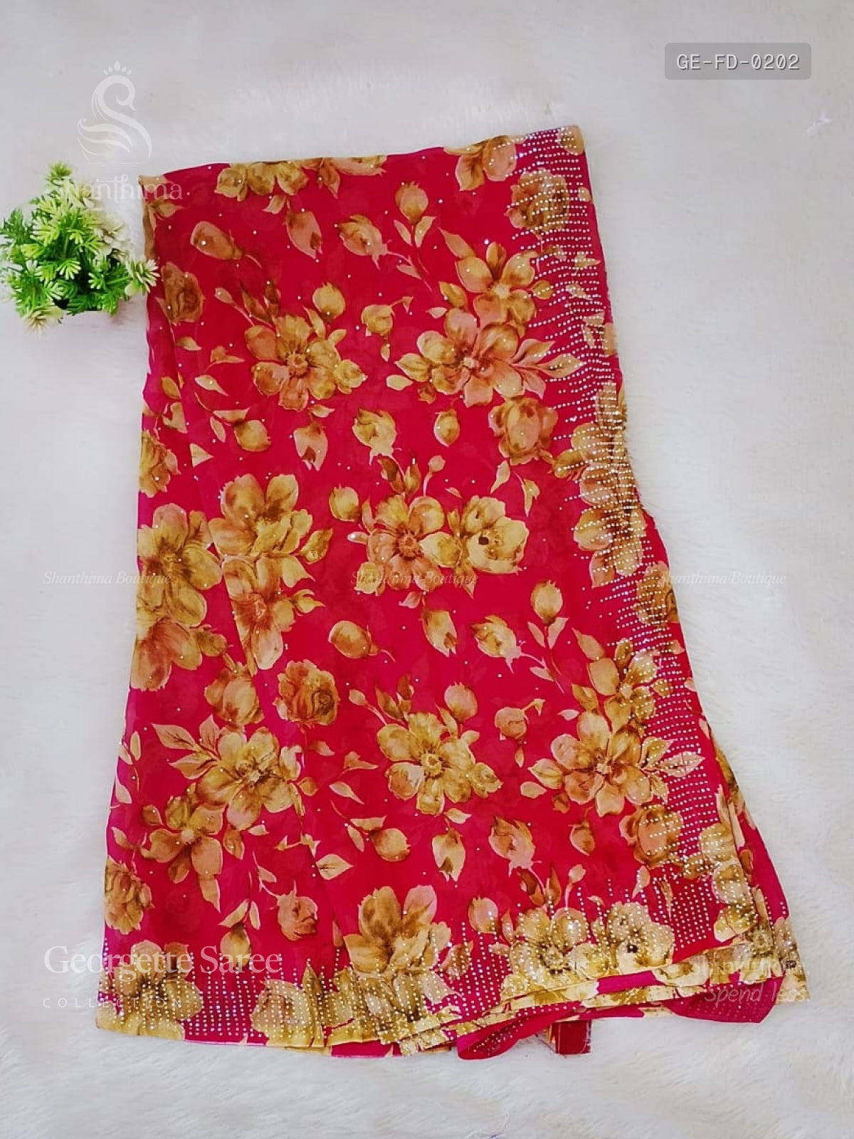 Georgette Flowers Diamond Stone Peacock Pink Pink