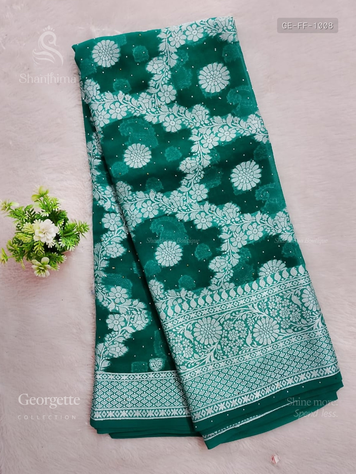 Georgette Flowers Flower Green Silver