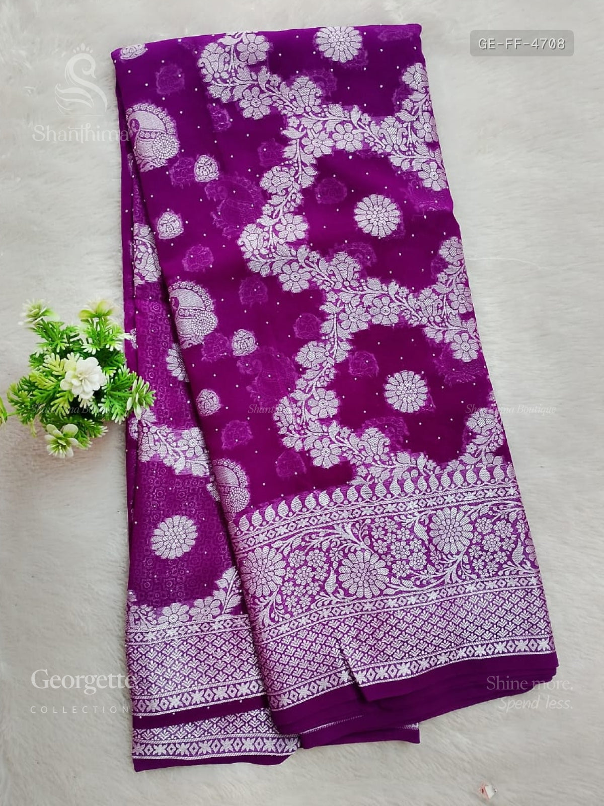 Georgette Flowers Flower Magenta Silver