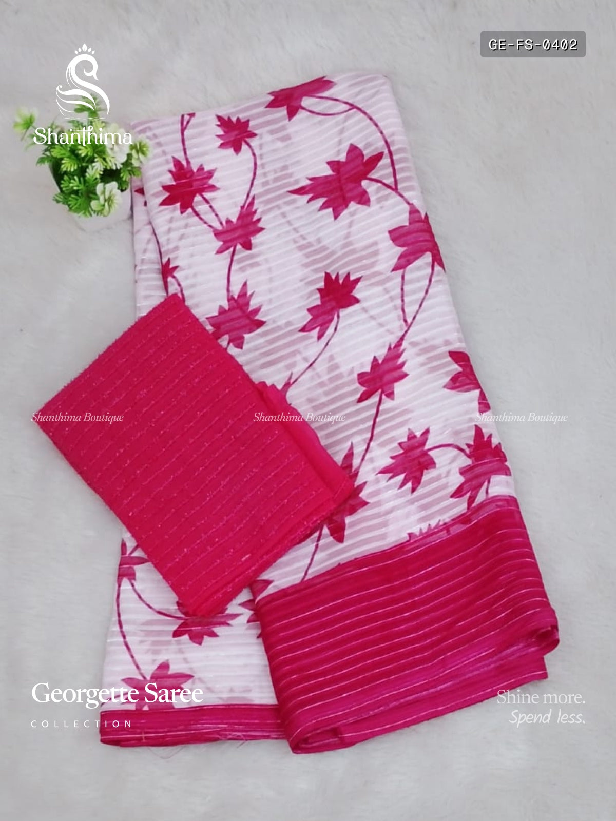 Georgette Flowers Stripes White Pink