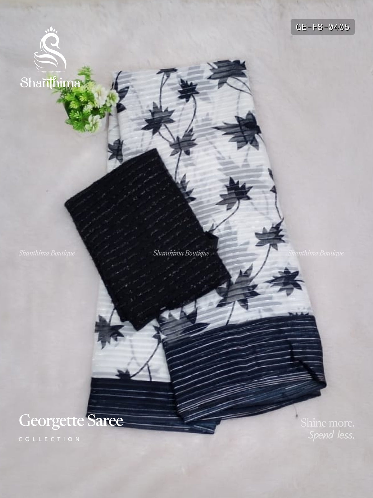 Georgette Flowers Stripes White Black