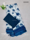 Georgette Flowers Stripes White Rama Blue