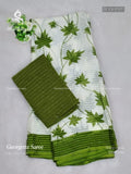 Georgette Flowers Stripes White Mehendi Green