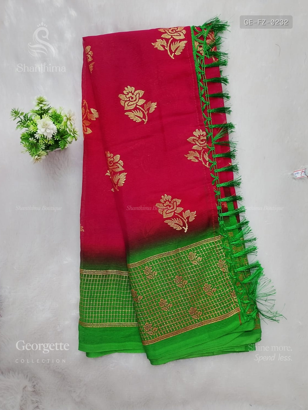 Georgette Flowers Checks Pink Parrot Green