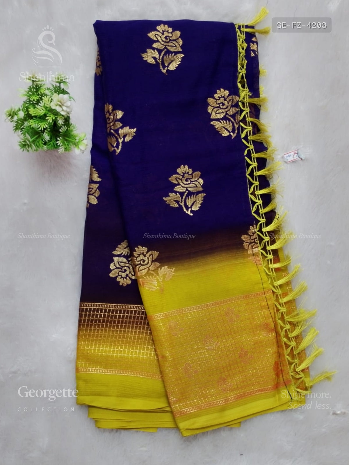 Georgette Flowers Checks Dark Violet Yellow