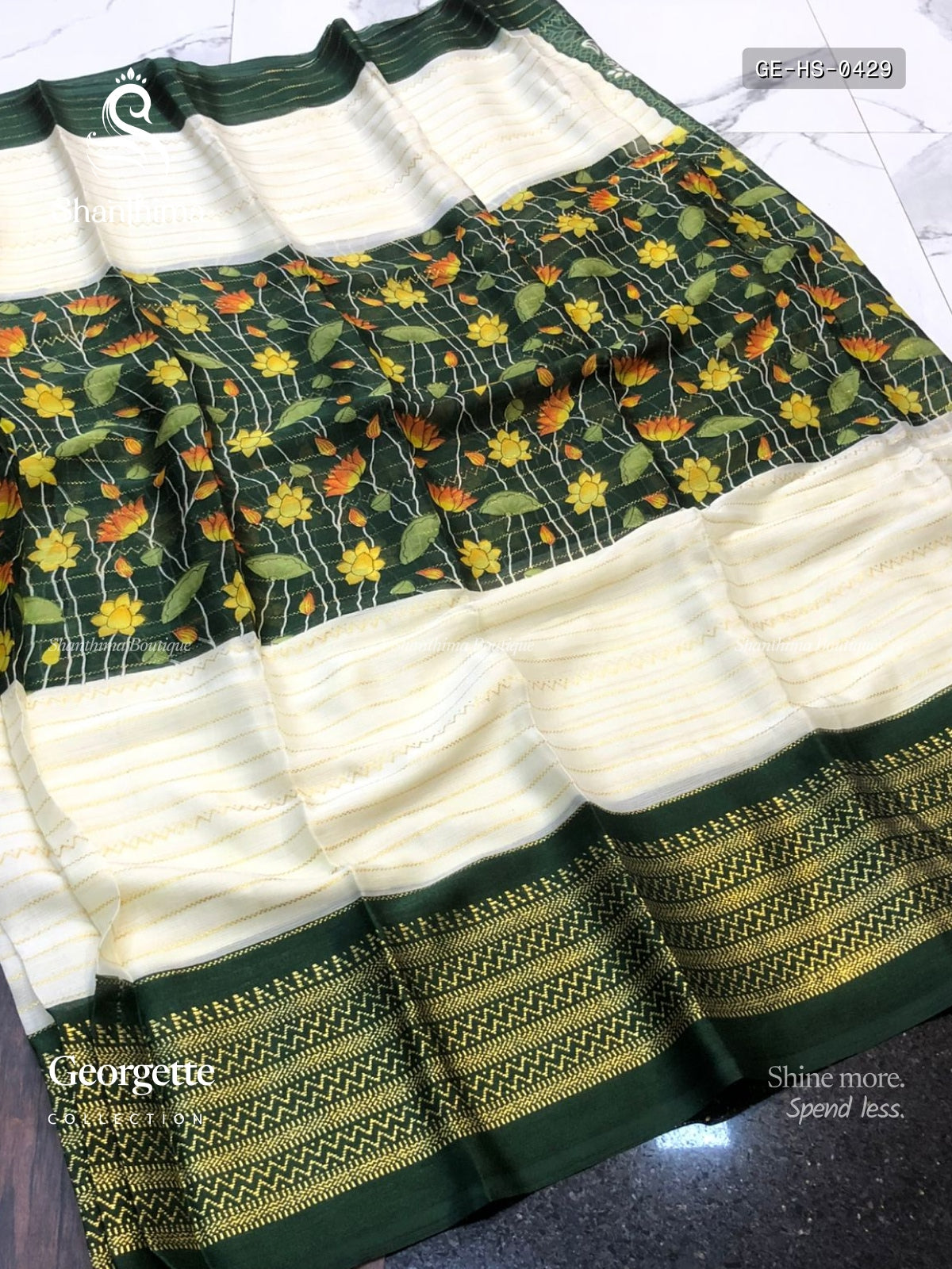 Georgette Horizontal Stripes Stripes White Dark Green